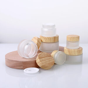 frosted glass cosmetic jar with wooden lid
