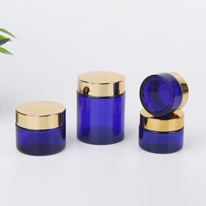 Blue Glass Cosmetic Jar with Gold Lid