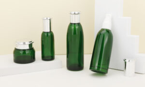 green glass coametics bottles and jars