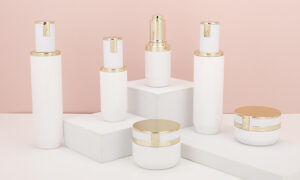 White porcelain cosmetics bottles and jars