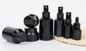 black glass cosmetics bottles and jars
