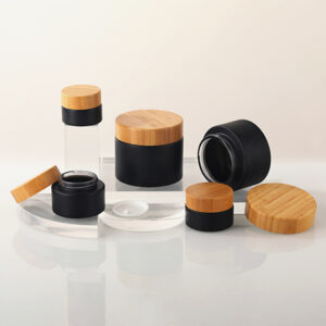 frosted black glass cosmetic cream jar with bamboo lid