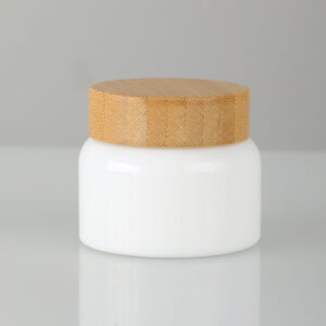 opal white glass cream jar with bamboo lid